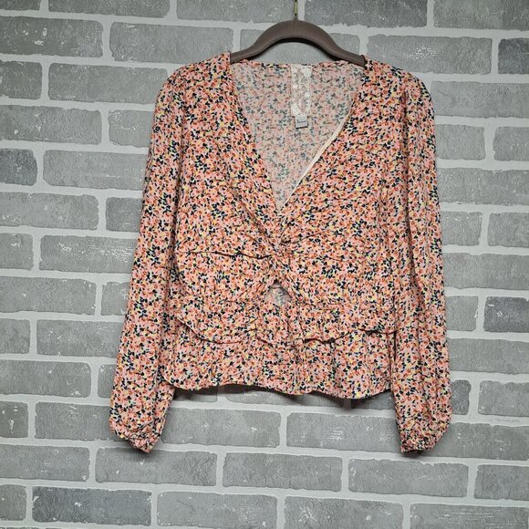 Sadie & Sage Womens Pink‎ Floral Peplum Top V-Neck Ruffle Blouse Size Medium - Picture 1 of 11